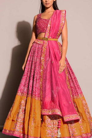 Pink Bandhani Printed Art Silk Lehenga