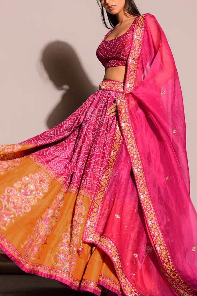 Pink Bandhani Printed Art Silk Lehenga