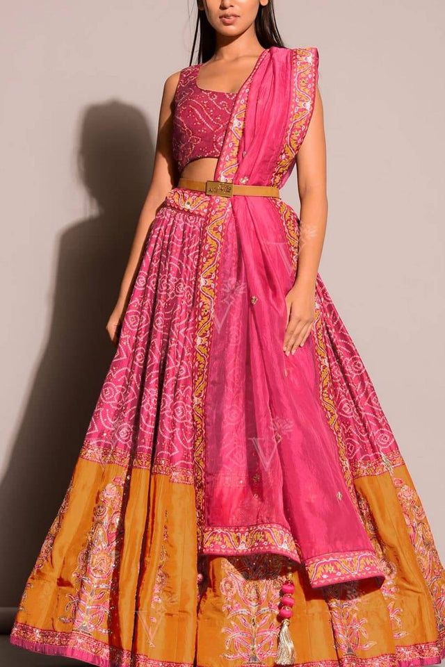 Pink Bandhani Printed Art Silk Lehenga
