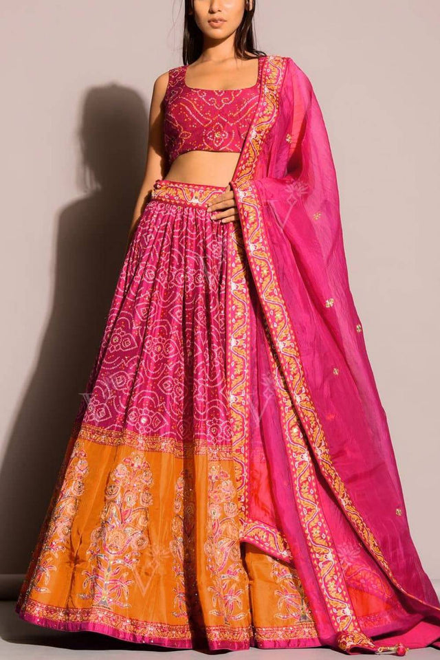 Pink Bandhani Printed Art Silk Lehenga