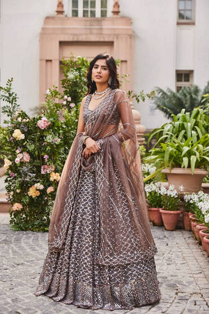 Brown Floral Embroidered Georgette Lehenga