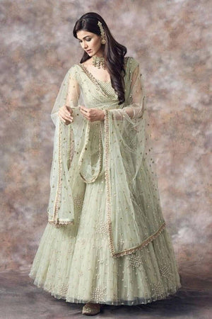 Green Embroidered Art Silk Lehenga