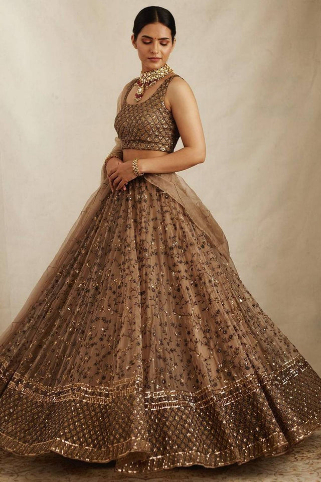 Brown Floral Embroidered Net Lehenga