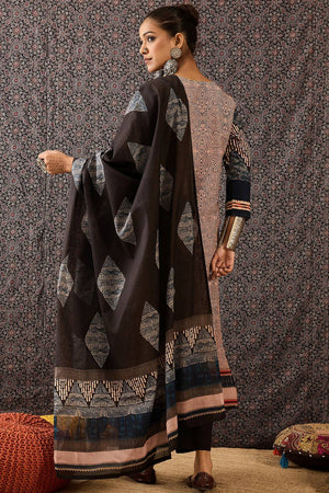 Beige Printed Cotton Kurti Pant Set (IDKH0BE10406)