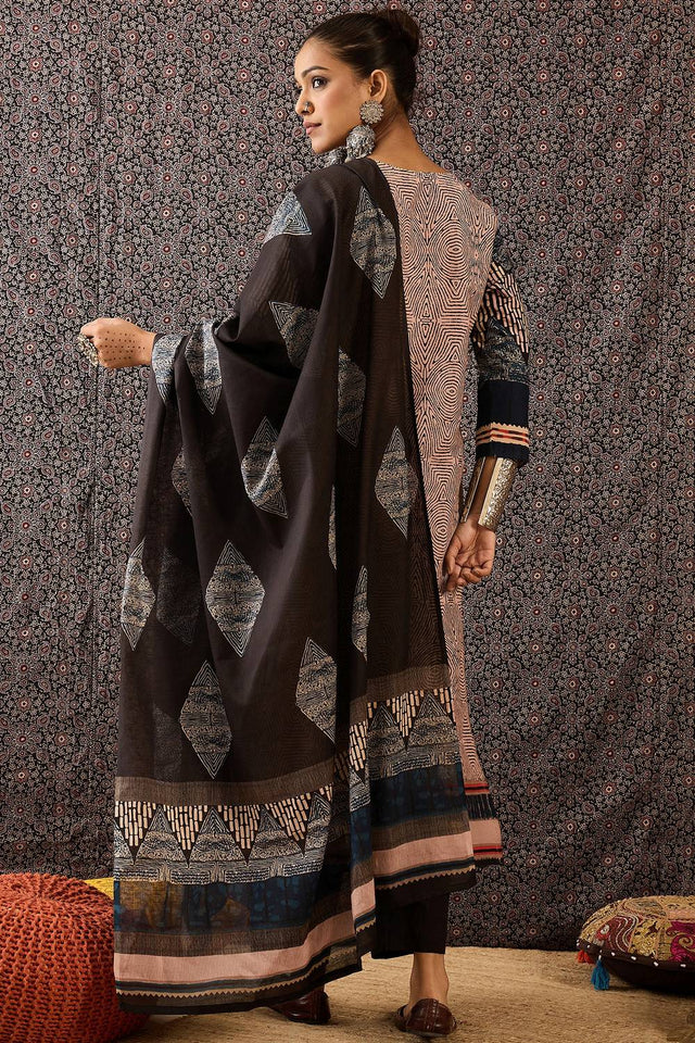 Beige Printed Cotton Kurti Pant Set (IDKH0BE10406)