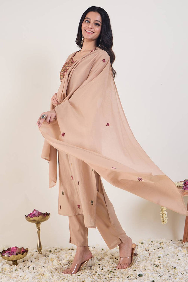 Beige Embroidered Silk Blend Kurti Pant Set (IDKH0BE12342)