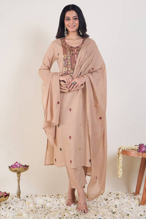 Beige Embroidered Silk Blend Kurti Pant Set (IDKH0BE12342)