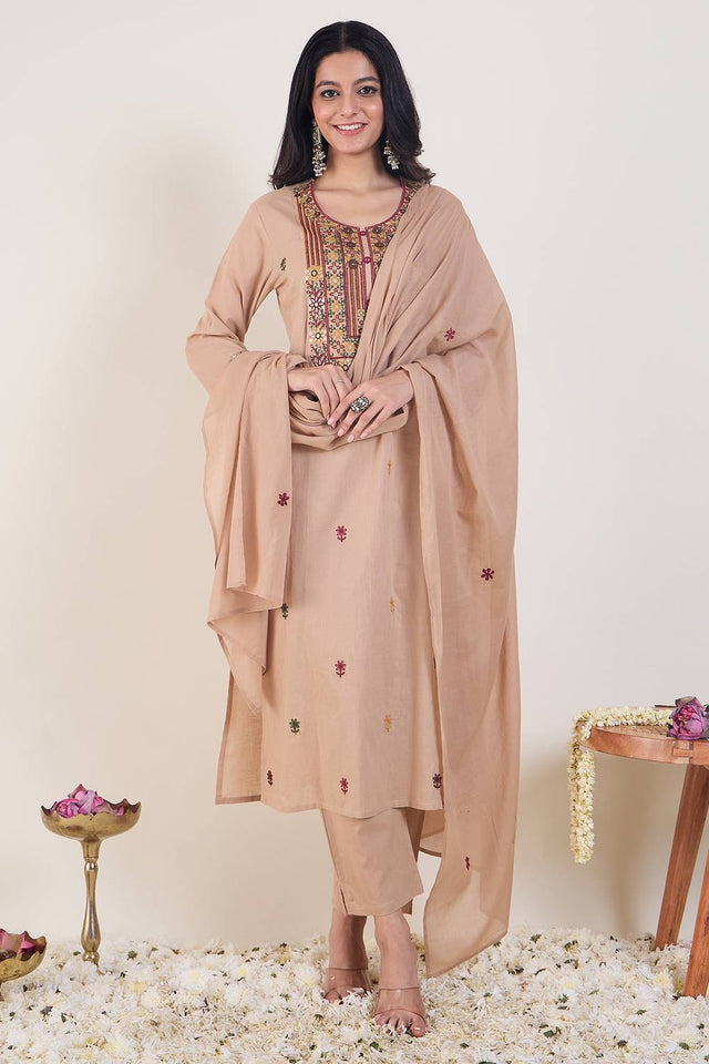 Beige Embroidered Silk Blend Kurti Pant Set (IDKH0BE12342)