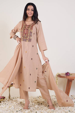 Beige Embroidered Silk Blend Kurti Pant Set (IDKH0BE12342)