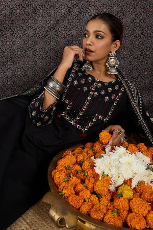 Black Printed Cotton Kurti Pant Set (IDKH0BK11008)