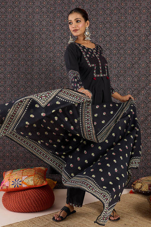 Black Printed Cotton Kurti Pant Set (IDKH0BK11008)