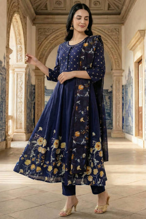 Blue Floral Printed Cotton Kurti Pant Set (IDKH0BL10696)