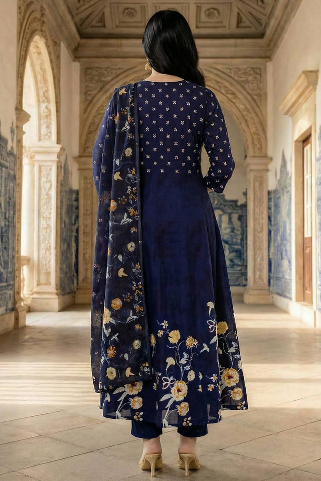 Blue Floral Printed Cotton Kurti Pant Set (IDKH0BL10696)