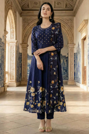 Blue Floral Printed Cotton Kurti Pant Set (IDKH0BL10696)