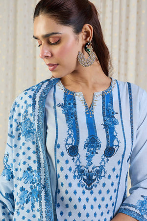 Blue Floral Printed Cotton Kurti Pant Set (IDKH0BL11651)