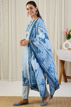 Blue Floral Printed Cotton Kurti Pant Set (IDKH0BL11651)