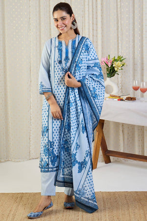 Blue Floral Printed Cotton Kurti Pant Set (IDKH0BL11651)