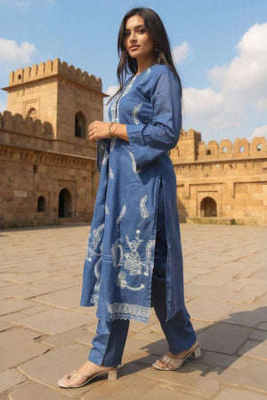 Blue Embroidered Cotton Kurti Pant Set (IDKH0BL11748)