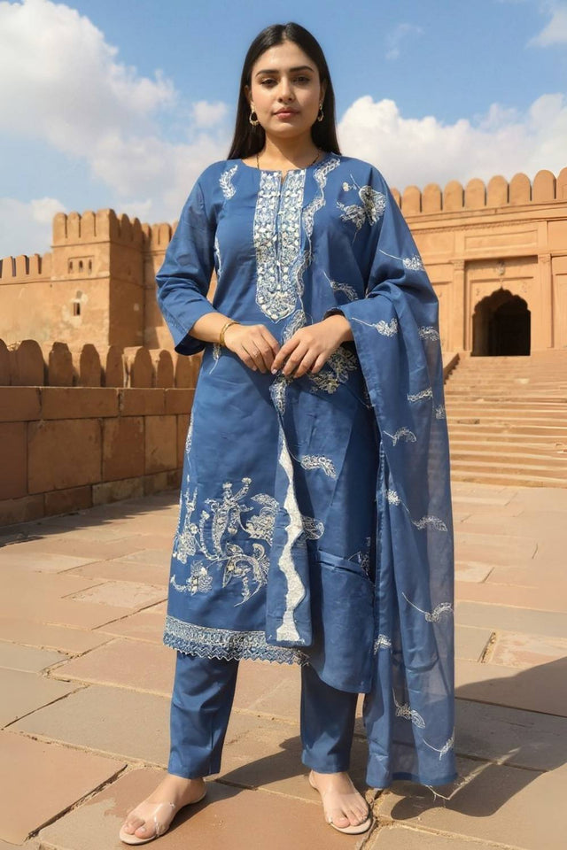 Blue Embroidered Cotton Kurti Pant Set (IDKH0BL11748)