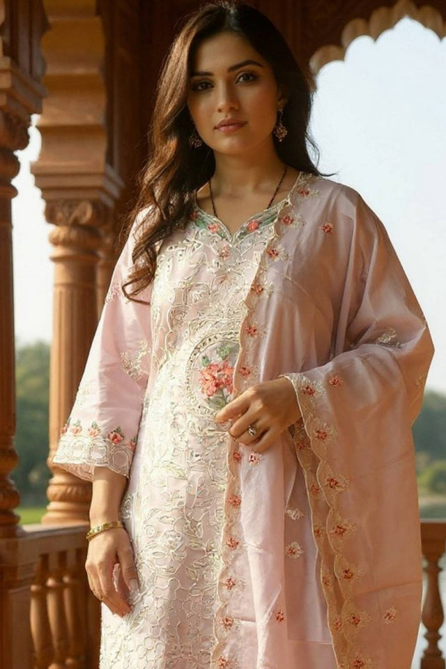 Lavender Embroidered Cotton Kurti Pant Set (IDKH0LV11286)