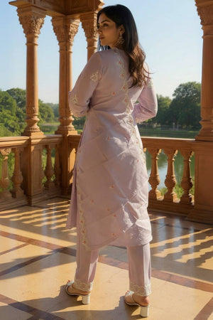 Lavender Embroidered Cotton Kurti Pant Set (IDKH0LV11286)
