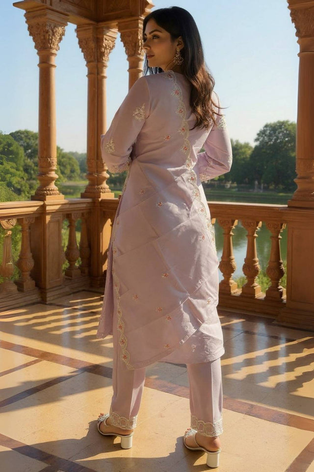 Lavender Embroidered Cotton Kurti Pant Set (IDKH0LV11286)