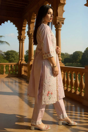 Lavender Embroidered Cotton Kurti Pant Set (IDKH0LV11286)