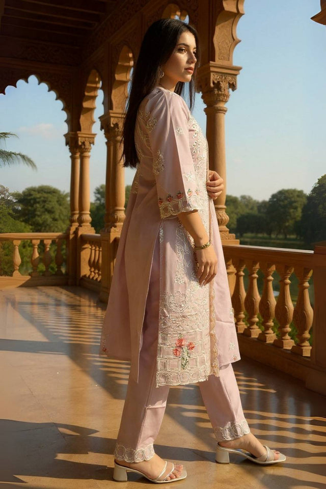 Lavender Embroidered Cotton Kurti Pant Set (IDKH0LV11286)