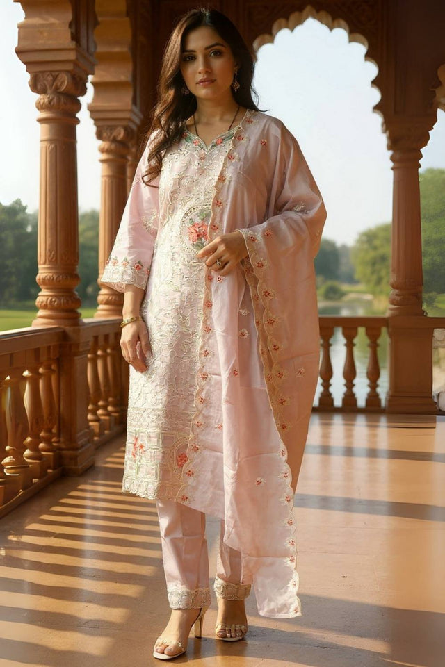 Lavender Embroidered Cotton Kurti Pant Set (IDKH0LV11286)