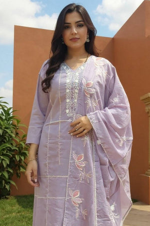 Lavender Embroidered Cotton Kurti Pant Set (IDKH0LV11753)