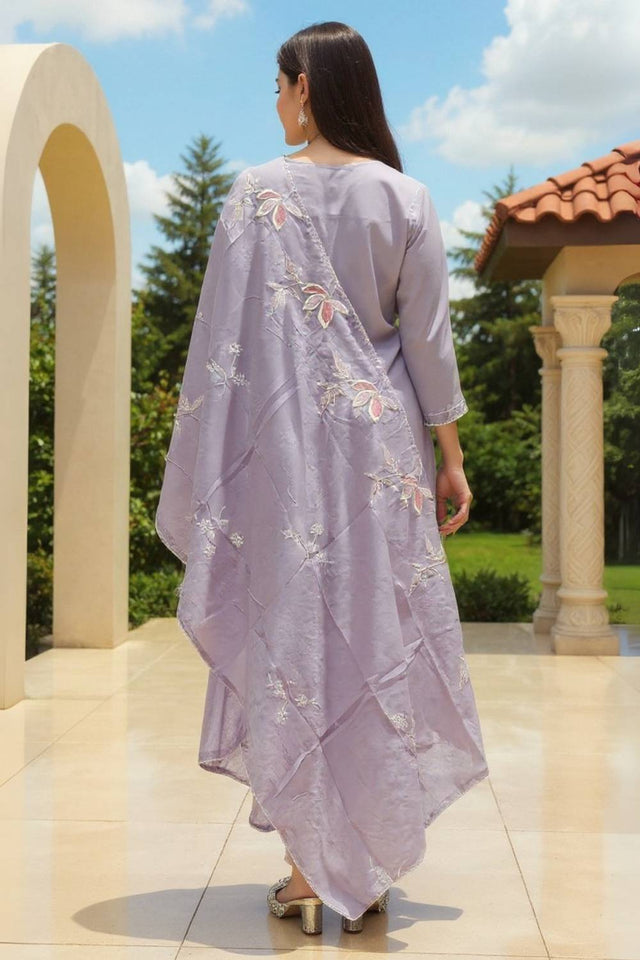 Lavender Embroidered Cotton Kurti Pant Set (IDKH0LV11753)
