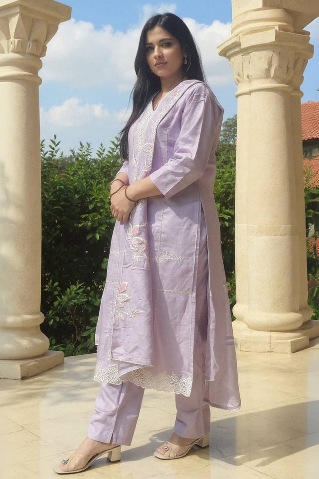 Lavender Embroidered Cotton Kurti Pant Set (IDKH0LV11753)