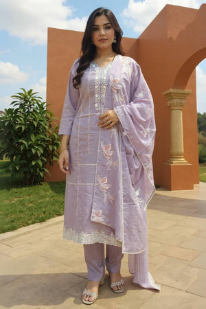 Lavender Embroidered Cotton Kurti Pant Set (IDKH0LV11753)