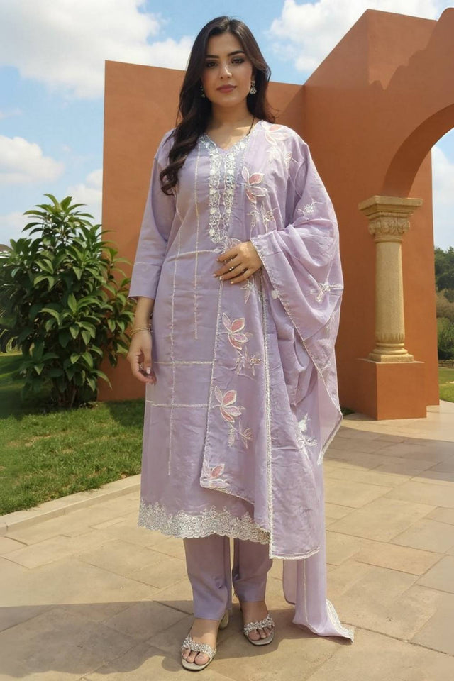 Lavender Embroidered Cotton Kurti Pant Set (IDKH0LV11753)