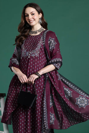 Maroon Printed Cotton Kurti Pant Set (IDKH0MR10919)