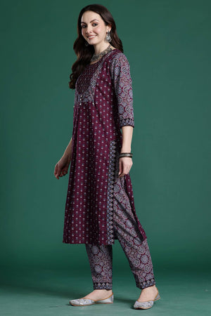 Maroon Printed Cotton Kurti Pant Set (IDKH0MR10919)