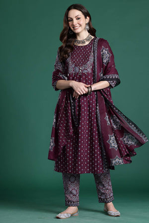 Maroon Printed Cotton Kurti Pant Set (IDKH0MR10919)