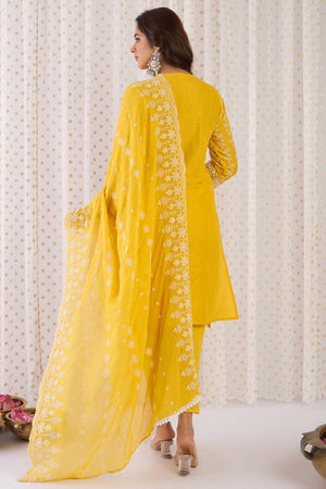 Mustard Floral Embroidered Cotton Kurti Pant Set (IDKH0MT10197)