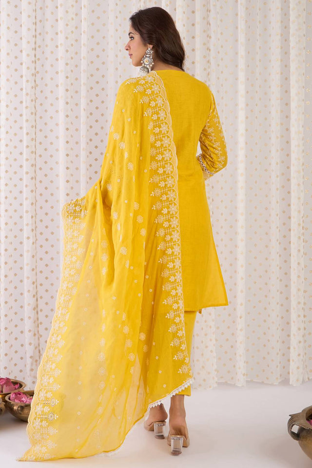 Mustard Floral Embroidered Cotton Kurti Pant Set (IDKH0MT10197)
