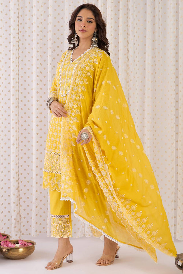 Mustard Floral Embroidered Cotton Kurti Pant Set (IDKH0MT10197)