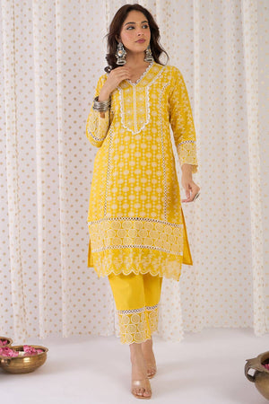 Mustard Floral Embroidered Cotton Kurti Pant Set (IDKH0MT10197)