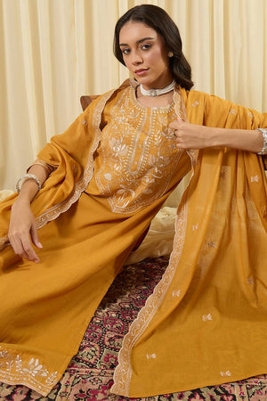Mustard Embroidered Cotton Kurti Pant Set (IDKH0MT11755)