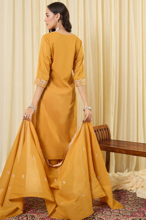 Mustard Embroidered Cotton Kurti Pant Set (IDKH0MT11755)