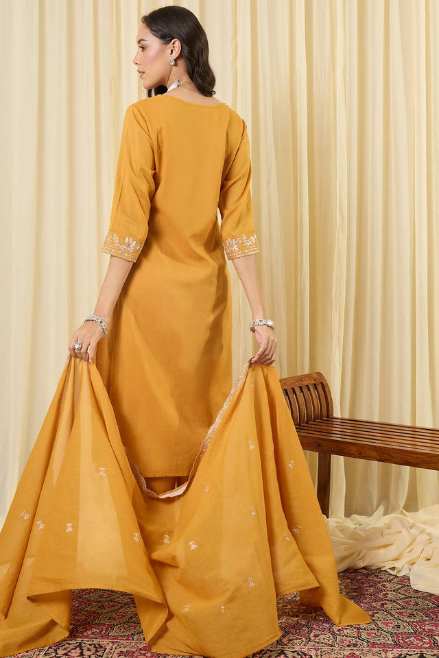 Mustard Embroidered Cotton Kurti Pant Set (IDKH0MT11755)