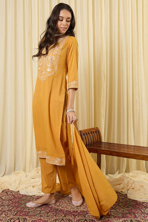 Mustard Embroidered Cotton Kurti Pant Set (IDKH0MT11755)
