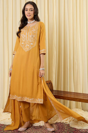 Mustard Embroidered Cotton Kurti Pant Set (IDKH0MT11755)