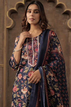 Navy Blue Embroidered Cotton Blend Kurti Pant Set (IDKH0NB12105)