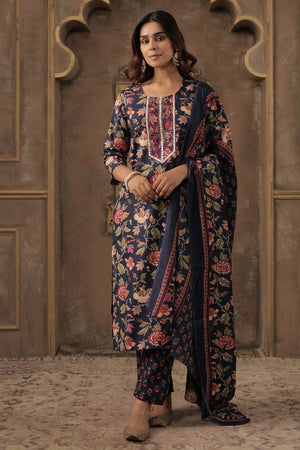 Navy Blue Embroidered Cotton Blend Kurti Pant Set (IDKH0NB12105)