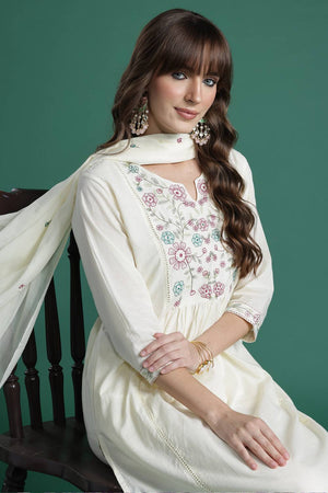 Off White Embroidered Cotton Kurti Pant Set (IDKH0OW10291)