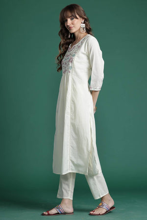 Off White Embroidered Cotton Kurti Pant Set (IDKH0OW10291)